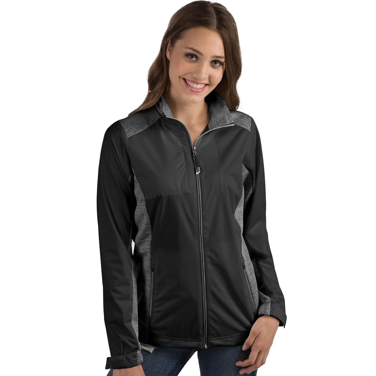 Antigua Women's Black/Black Heather Revolve Full Zip 1 Antigua Women's Black/Black Heather Revolve Full Zip