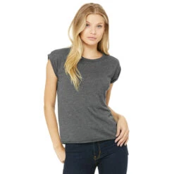 Bella + Canvas Women's Dark Grey Heather Flowy T-Shirt With Rolled Cuff