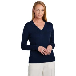 Brooks Brothers Women's Navy Blazer Cotton Stretch V-Neck Sweater -Best Clothing Shop BB18401 NavyBlazer HTF