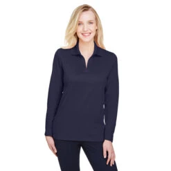 Devon & Jones Women's Navy CrownLux Performance Plaited Long Sleeve Polo -Best Clothing Shop DG20LW Navy HTF
