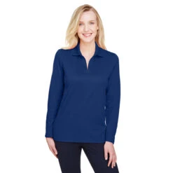 Devon & Jones Women's True Royal CrownLux Performance Plaited Long Sleeve Polo -Best Clothing Shop DG20LW True Royal HTF