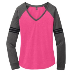 District Women's Heathered Dark Fuchsia/Heathered Charcoal/Black Game Long Sleeve V-Neck Tee