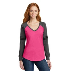 District Women's Heathered Dark Fuchsia/Heathered Charcoal/Black Game Long Sleeve V-Neck Tee -Best Clothing Shop DM477 Heathered Dark Fuchsia Heathered Charcoal Black HTF