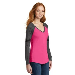 District Women's Heathered Dark Fuchsia/Heathered Charcoal/Black Game Long Sleeve V-Neck Tee -Best Clothing Shop DM477 Heathered Dark Fuchsia Heathered Charcoal Black HTS
