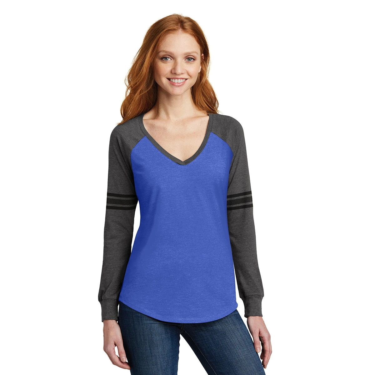 District Women's Heathered True Royal/Heathered Charcoal/Black Game Long Sleeve V-Neck Tee 3 District Women's Heathered True Royal/Heathered Charcoal/Black Game Long Sleeve V-Neck Tee - Image 3