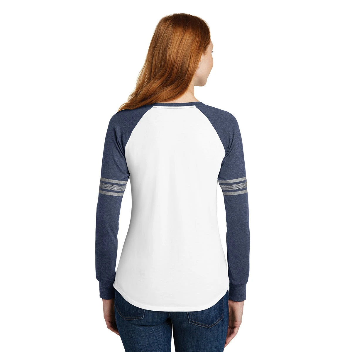 District Women's White/Heathered Navy/Silver Game Long Sleeve V-Neck Tee 4 District Women's White/Heathered Navy/Silver Game Long Sleeve V-Neck Tee - Image 4