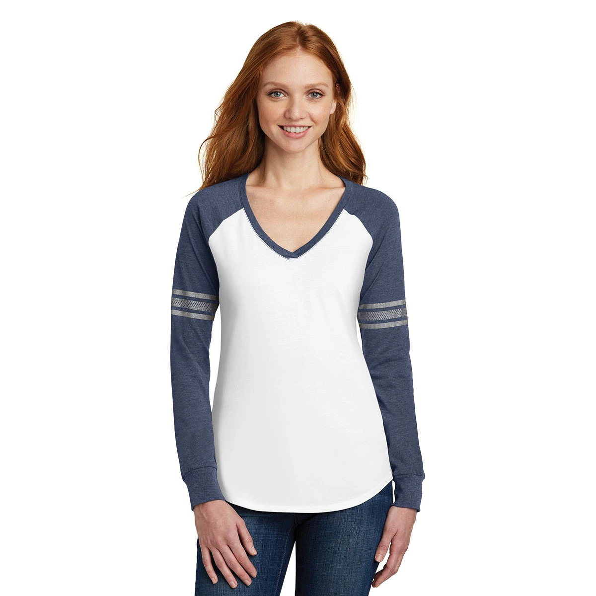 District Women's White/Heathered Navy/Silver Game Long Sleeve V-Neck Tee 3 District Women's White/Heathered Navy/Silver Game Long Sleeve V-Neck Tee - Image 3