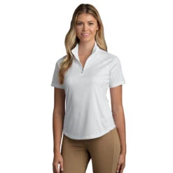 Greg Norman Women's White/White Mesh Panels Play Dry ML75 Racer Mock Neck Polo -Best Clothing Shop WNS8K465 White White Mesh Panels HTF